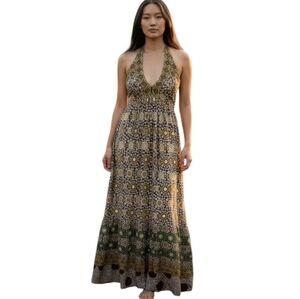 DONNA MORGAN GREEN, YELLOW, WHITE, & BLACK HALTER MAXI DRESS SZ.8 EUC.